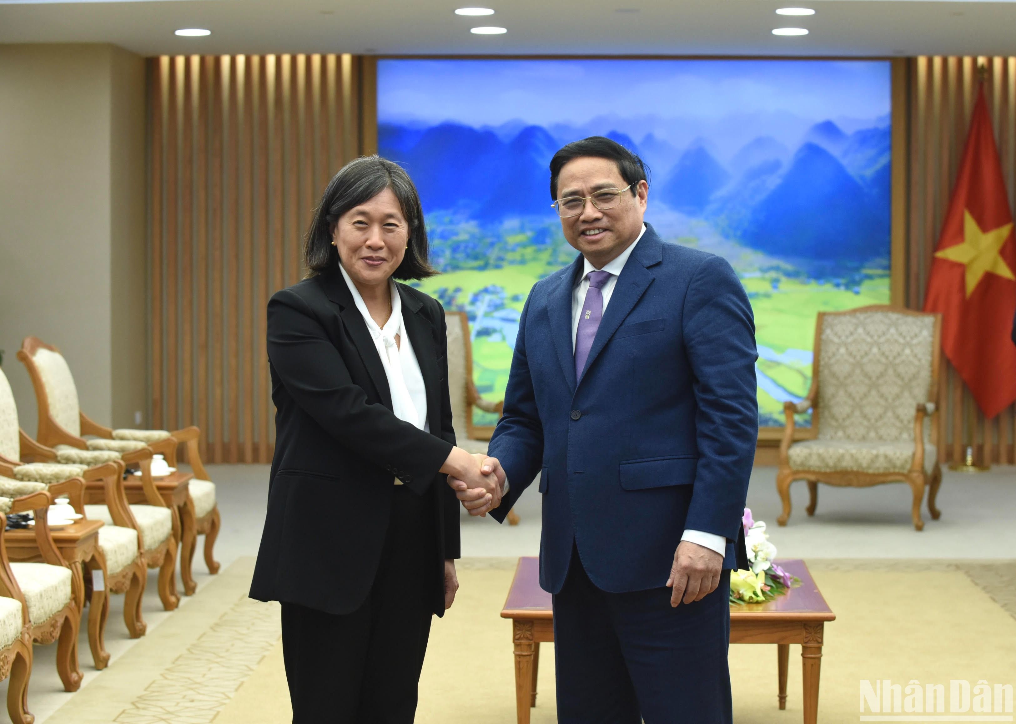 Thủ tướng Phạm Minh Chính đón bà Katherine Tai, Đại diện Thương mại Hoa Kỳ (USTR).