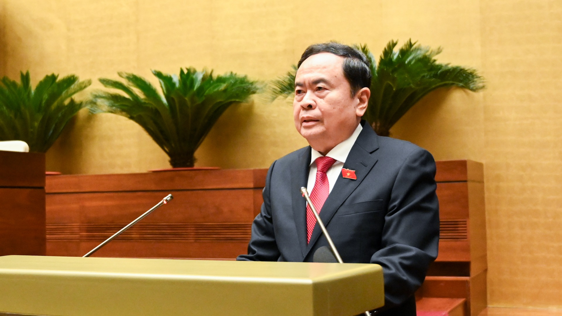 Chủ tịch Quốc hội Trần Thanh Mẫn phát biểu tại phiên bế mạc Kỳ họp thứ 8, Quốc hội khóa XV. (Ảnh: DUY LINH) 