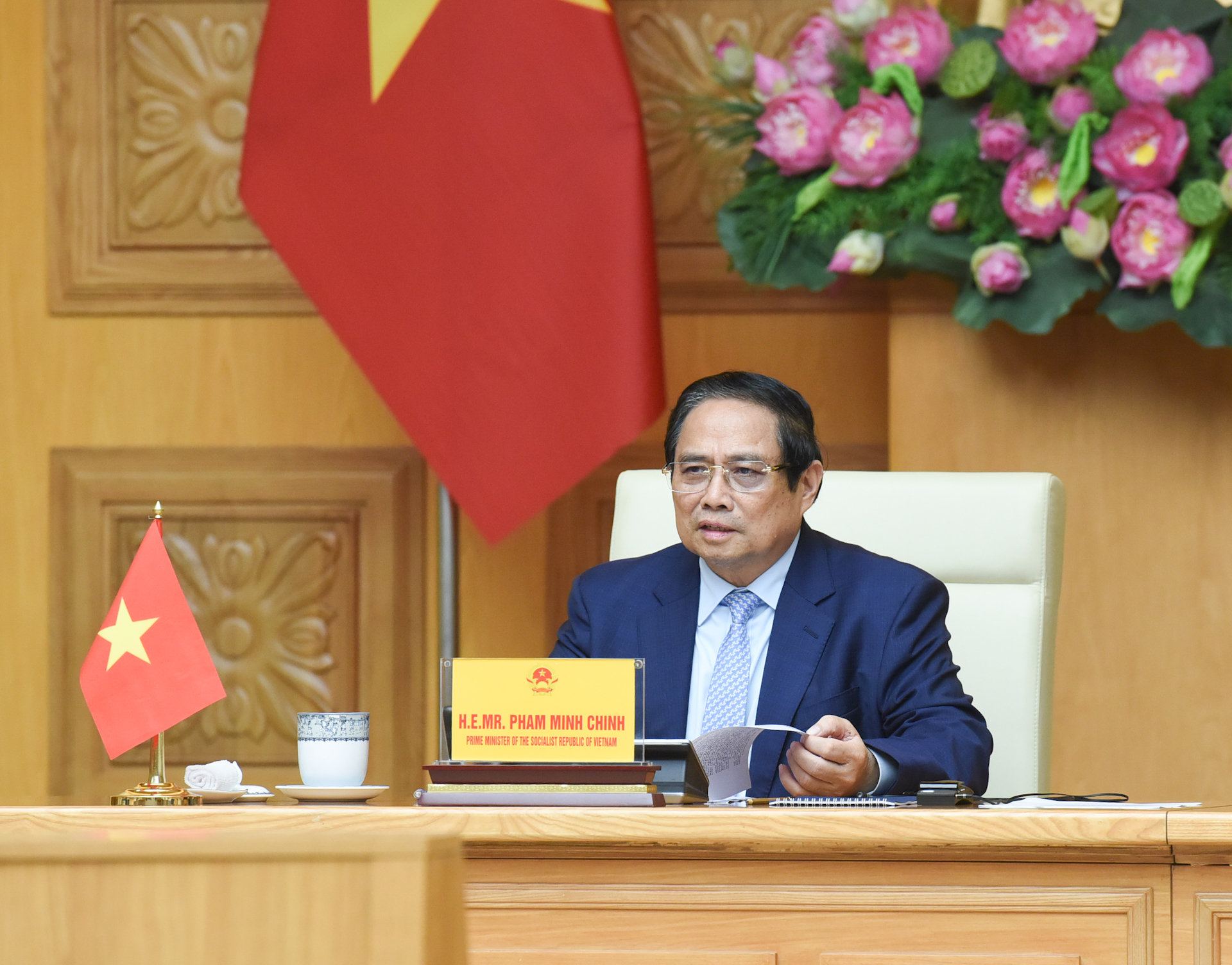 Thủ tướng Phạm Minh Chính phát biểu tại Hội nghị cấp cao trực tuyến về khí hậu tại điểm cầu Hà Nội.