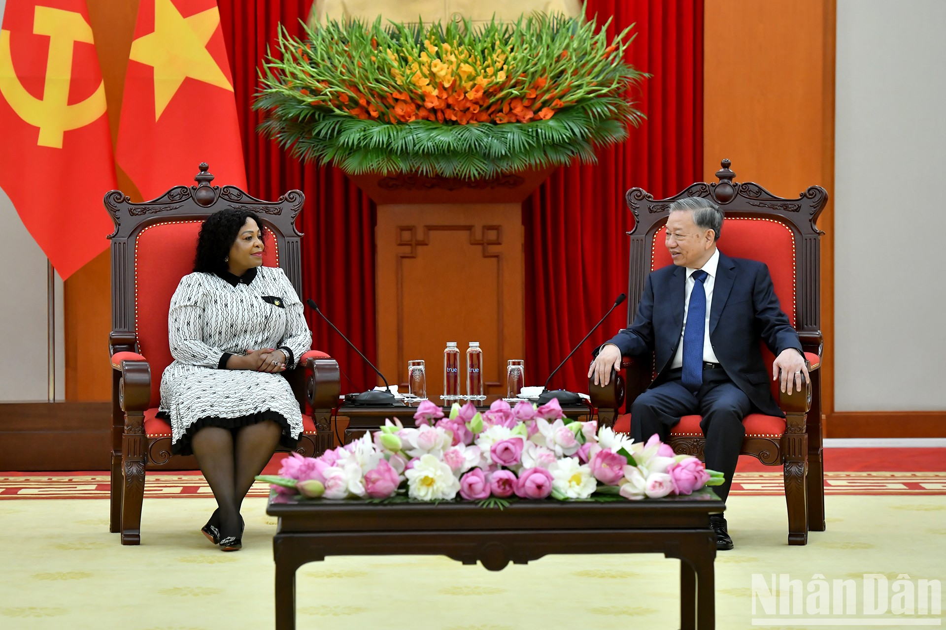 Tổng Bí thư Tô Lâm tiếp bà Nomvula Mokonyane, Phó Tổng thư ký thứ nhất Đảng Đại hội Dân tộc Phi (ANC) của Nam Phi. (Ảnh: ĐĂNG KHOA)