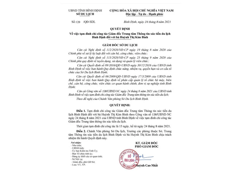 Đình chỉ Giám đốc Trung tâm Thông tin xúc tiến du lịch Bình Định -0