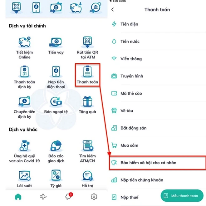 Tự đóng tiếp BHXH tự nguyện, gia hạn thẻ BHYT qua 3 ứng dụng ngân hàng trực tuyến -0