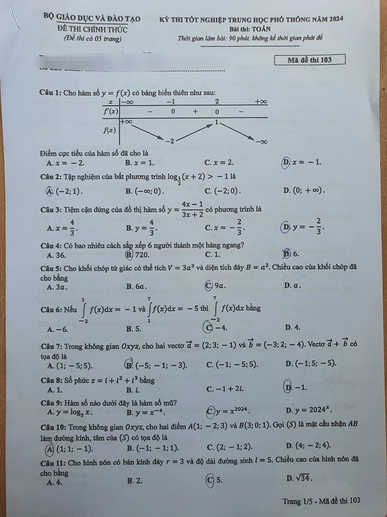 Đề thi Toán, mã đề số 103 Kỳ thi tốt nghiệp THPT năm 2024 ảnh 1