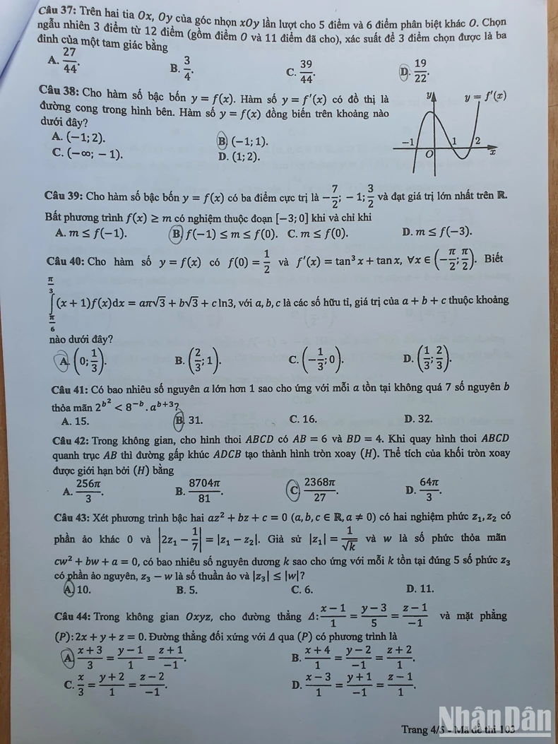 Đề thi Toán, mã đề số 103 Kỳ thi tốt nghiệp THPT năm 2024 ảnh 4