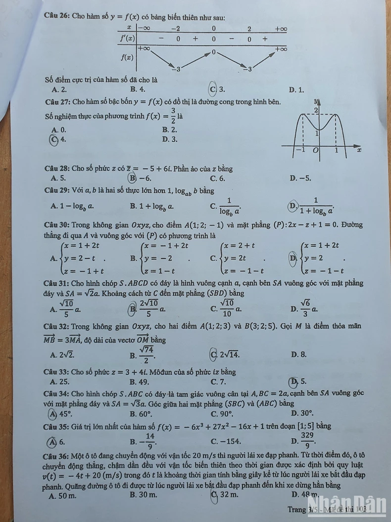 Đề thi Toán, mã đề số 103 Kỳ thi tốt nghiệp THPT năm 2024 ảnh 3