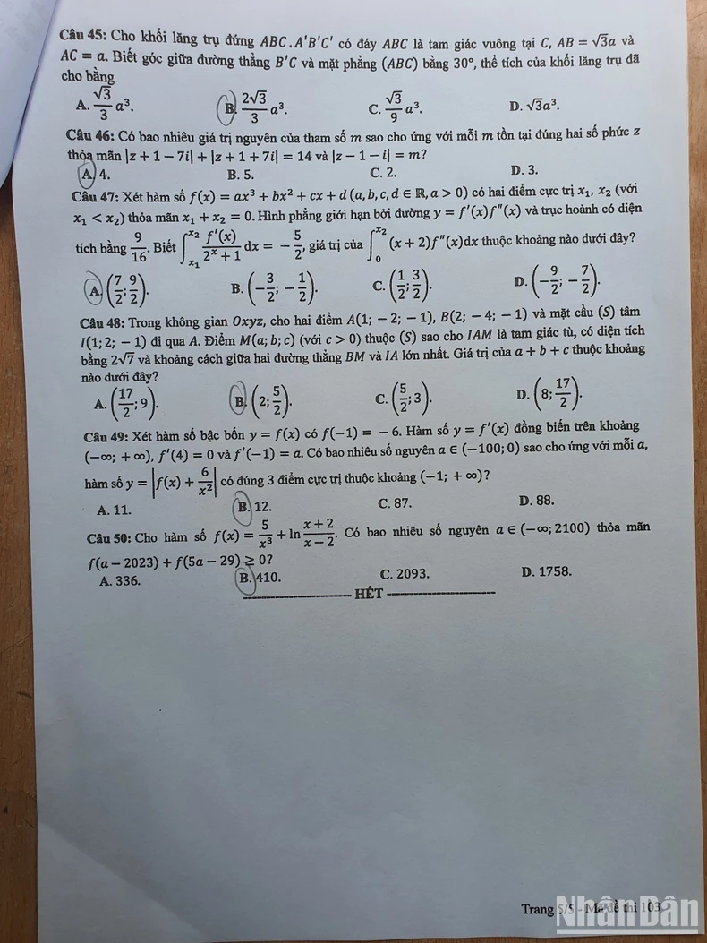 Đề thi Toán, mã đề số 103 Kỳ thi tốt nghiệp THPT năm 2024 ảnh 5