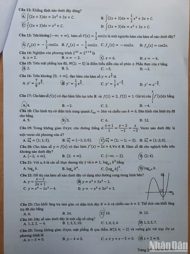 Đề thi Toán, mã đề số 103 Kỳ thi tốt nghiệp THPT năm 2024 ảnh 2