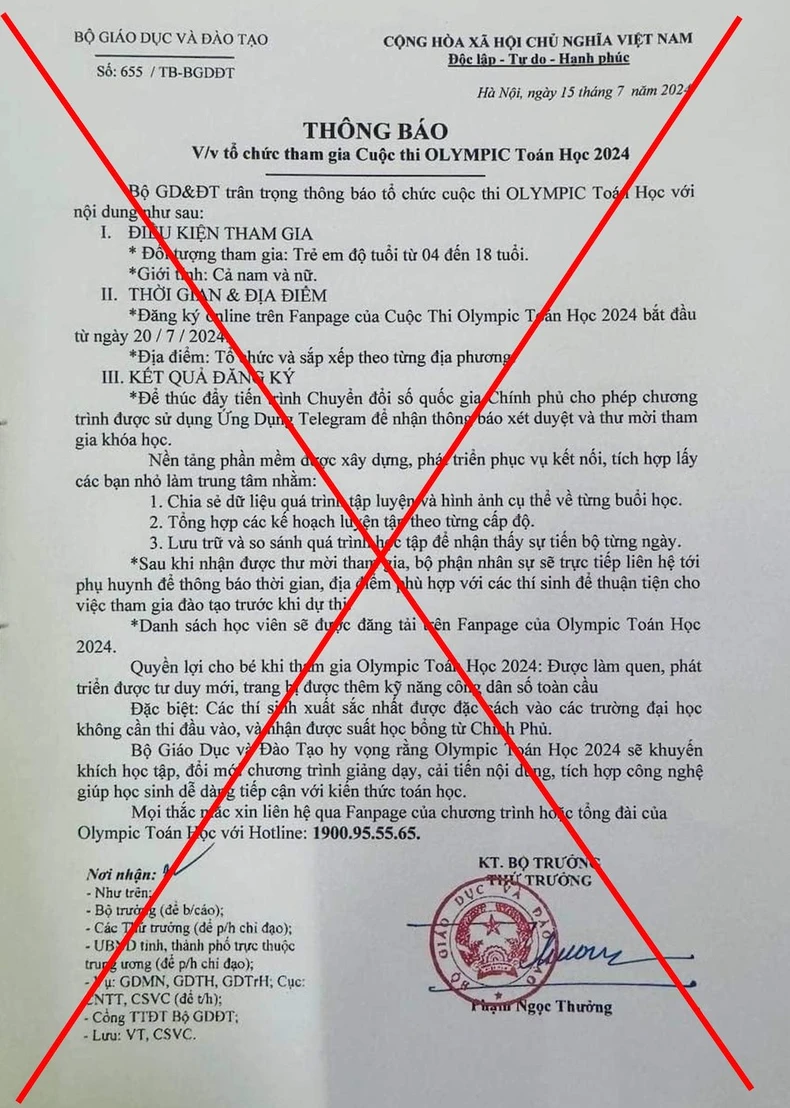 Cảnh báo việc giả mạo văn bản của Bộ Giáo dục và Đào tạo mời tham gia Olympic Toán 2024 ảnh 1