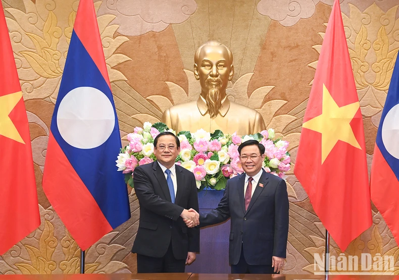 [Ảnh] Chủ tịch Quốc hội Vương Đình Huệ hội kiến Thủ tướng Lào Sonexay Siphandone ảnh 5