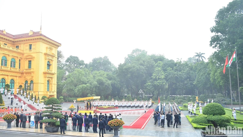 Le président Luong Cuong a présidé la cérémonie d'accueil de la visite officielle du président hongrois au Vietnam photo 3