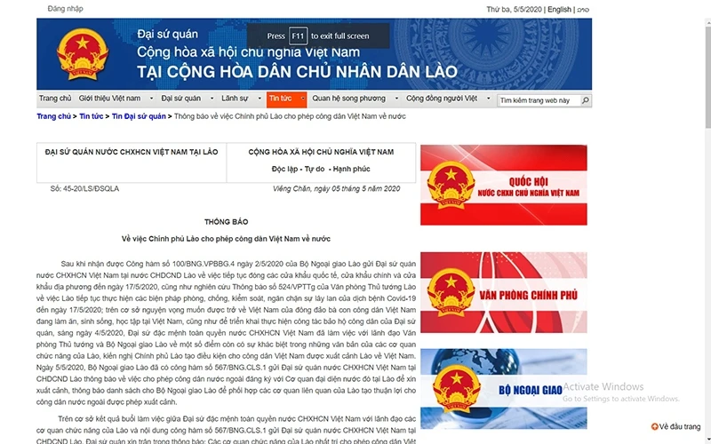 Thông báo chiều 5-5 của Đại sứ quán Việt Nam tại Lào.