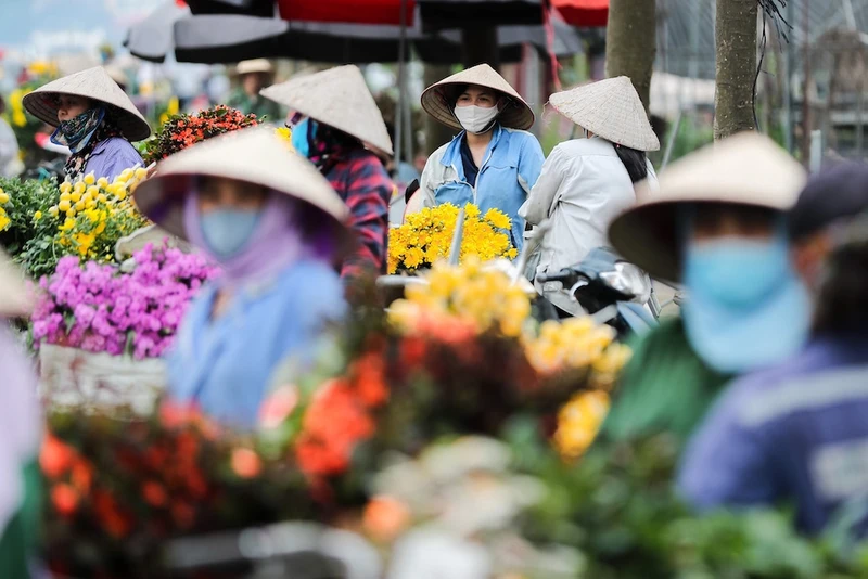 Những xe hoa nhiều màu, khung cảnh tấp nập người mua bán tại chợ hoa Mê Linh.