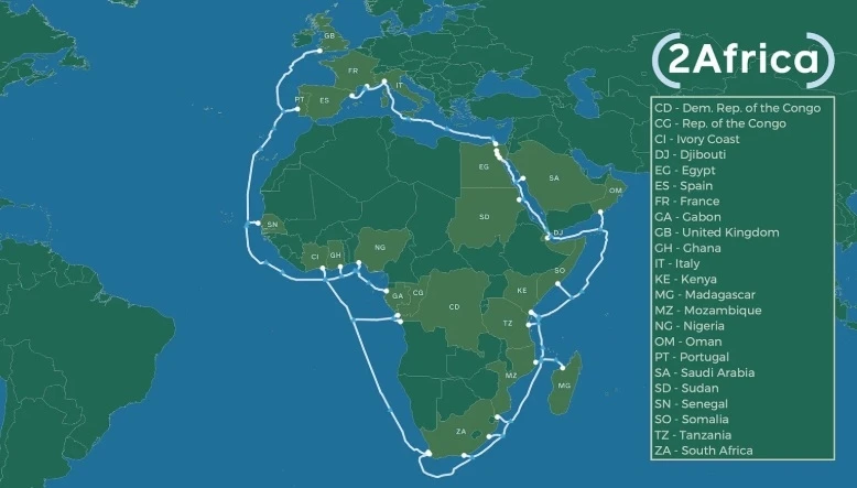 Bản đồ tuyến cáp ngầm vòng quanh châu Phi.