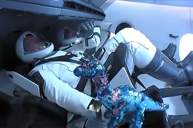 Khủng long đồ chơi xuất hiện trong tàu vũ trụ Crew Dragon trong chuyến bay lịch sử. Ảnh: NASA TV.