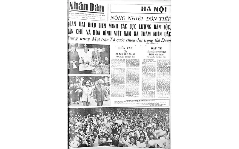 Báo Nhân Dân số ra ngày 17-8-1969 đưa tin Đoàn đại biểu Liên minh các lực lượng dân tộc, dân chủ và hòa bình Việt Nam ra thăm miền bắc.