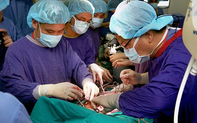  Các bác sĩ Bệnh viện Hữu nghị Việt Ðức thực hiện ca ghép phổi cho người bệnh.