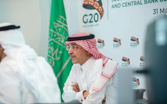 Bộ trưởng Tài chính A-rập Xê-út Mohammed al-Jadaan tham gia một hội nghị của G20 tại Riyadh, ngày 31-3-2020. (Ảnh: Tân Hoa xã)