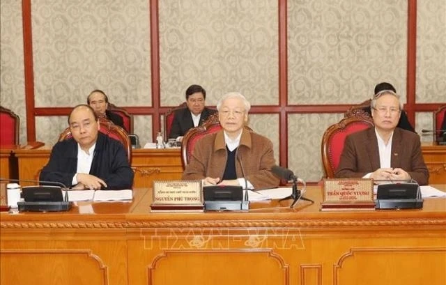 Tổng Bí thư, Chủ tịch nước Nguyễn Phú Trọng chủ trì phiên họp của Bộ Chính trị về công tác phòng, chống dịch Covid-19 ngày 20-3. Ảnh: TTXVN.