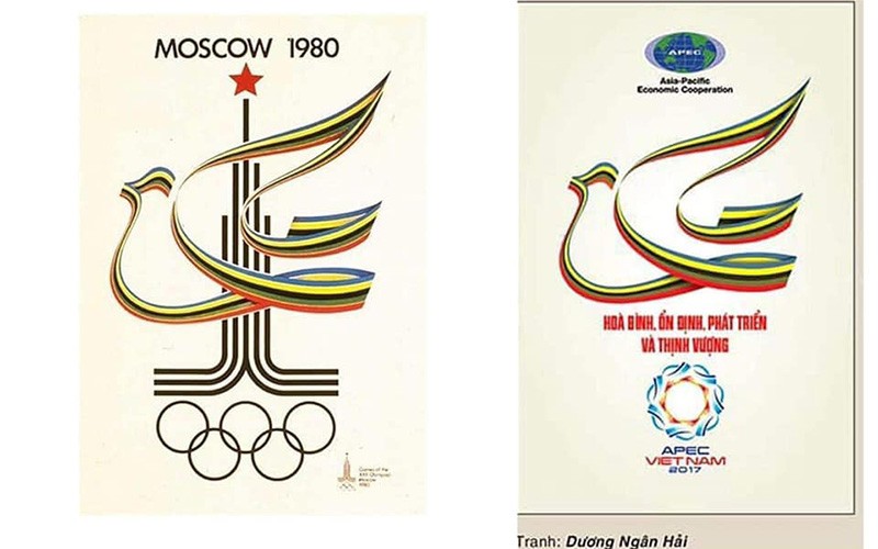 Tác phẩm được trao giải khuyến khích của tác giả Dương Ngân Hải năm 2017 (bên phải) nhái tranh cổ động Olympic Moscow 1980. Ảnh: Internet