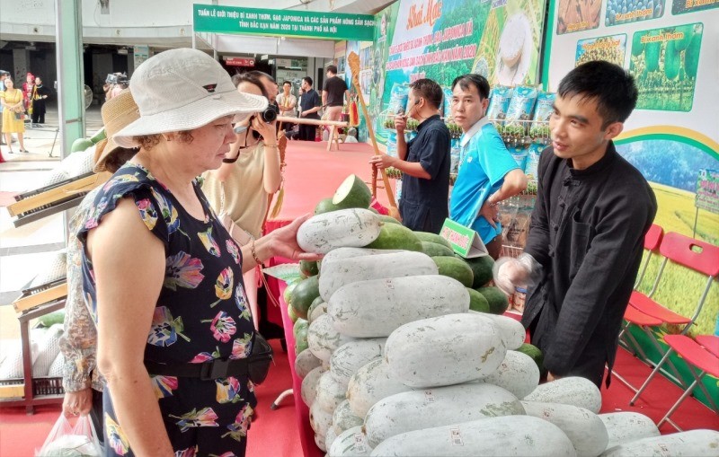 Các doanh nghiệp, HTX của tỉnh Bắc Kạn giới thiệu sản phẩm nông sản sạch tại siêu thị Vinmart Trung Hòa.