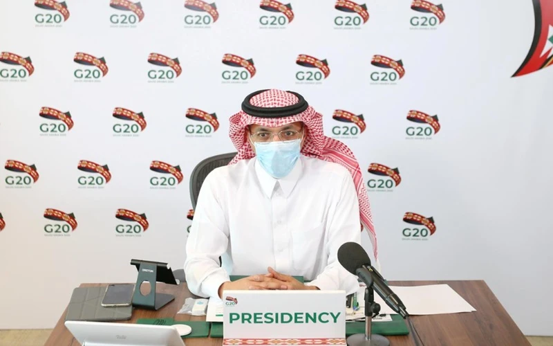 Bộ trưởng Tài chính A-rập Xê-út Mohammed al-Jadaan chủ trì cuộc họp trực tuyến giữa những người đứng đầu ngành tài chính và ngân hàng các nước G20, ngày 18-7. (Ảnh: Reuters)