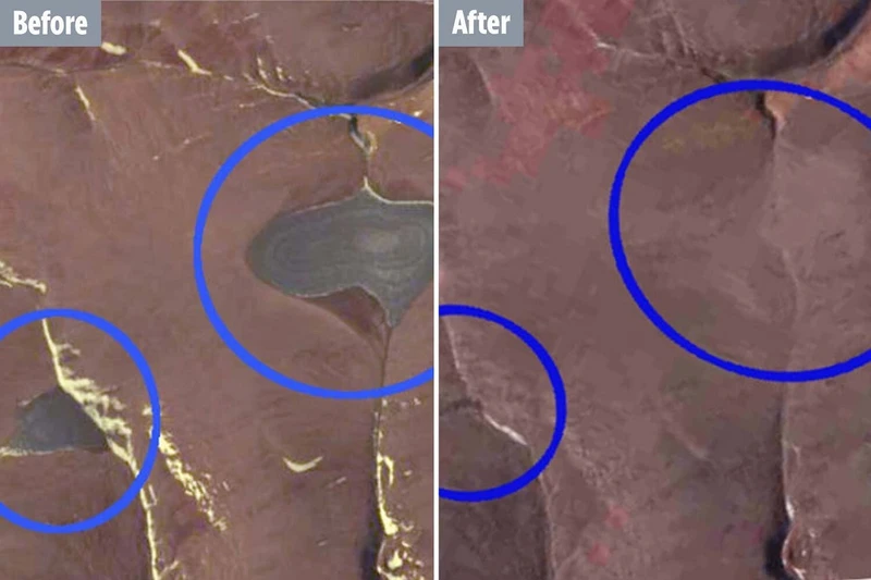 Hình ảnh bên trái được chụp qua vệ tinh NASA vào năm 2015, bên phải được chụp vào năm 2020 và cho thấy các khối băng đã biến mất.
