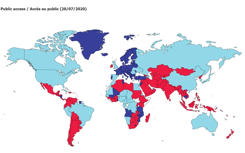 Bản đồ các khu vực Di sản UNESCO. Trong đó, phần màu xanh là mở lại một phần, màu đỏ là đóng cửa hoàn toàn và màu tím là đã mở cửa trở lại (Ảnh: UNESCO)