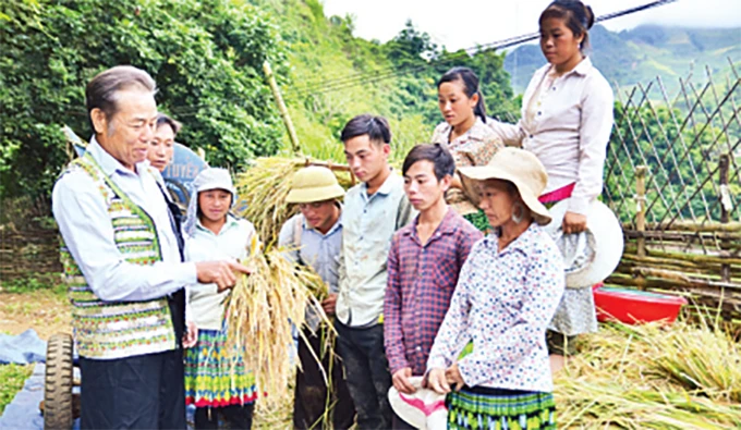 Già làng Thào A Tông, xã Pá Hu, huyện Trạm Tấu (Yên Bái) vận động người dân xây dựng nông thôn mới.