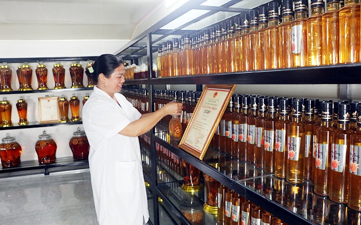 Các sản phẩm chế biến từ đông trùng hạ thảo của doanh nghiệp tư nhân Phú Long (khu 20, thị trấn Thịnh Long, huyện Hải Hậu, Nam Định) được công nhận sản phẩm OCOP của tỉnh Nam Định. Ảnh: TRẦN KHÁNH