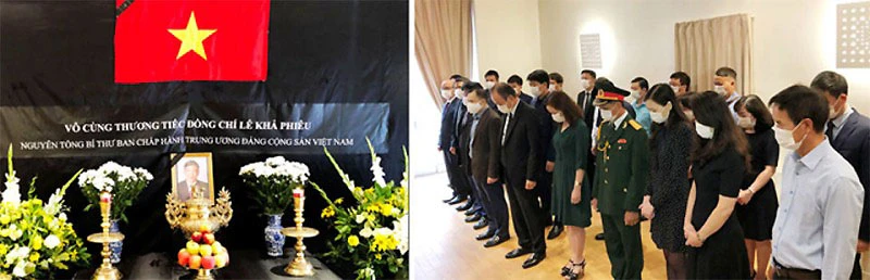 Cán bộ, nhân viên Sứ quán Việt Nam tại Pháp và các cơ quan đại diện do Đại sứ Nguyễn Thiệp dẫn đầu  viếng nguyên Tổng Bí thư Lê Khả Phiêu.