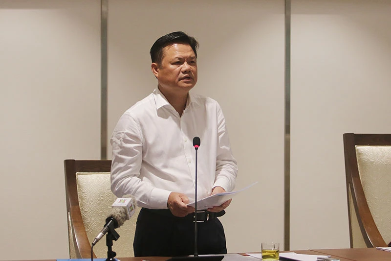 Đồng chí Vũ Đức Bảo, Ủy viên Ban Thường vụ, Trưởng Ban Tổ chức Thành ủy Hà Nội thông tin về kết quả tổ chức đại hội Đảng bộ cấp trên cơ sở tại Hà Nội.
