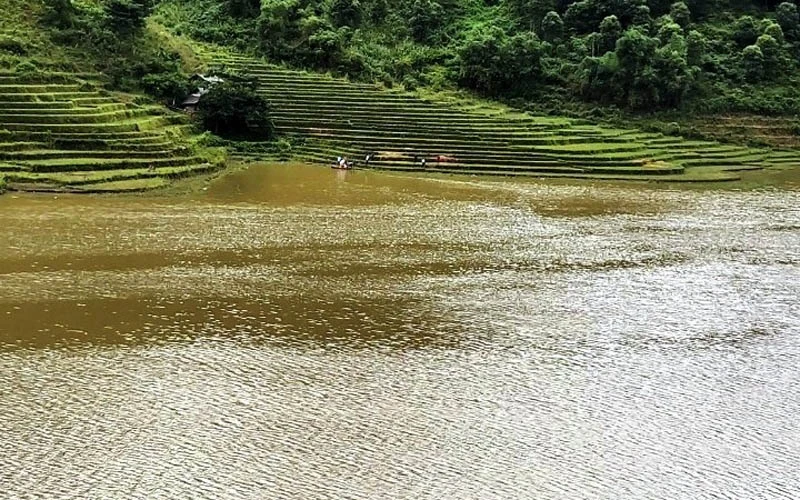 Hồ thủy điện Minh Lương Thượng, nơi lực lượng cứu hộ đã tìm thấy nạn nhân bị lũ cuốn mất tích, ở xã Nậm Xé, huyện Văn Bàn (Lào Cai) 