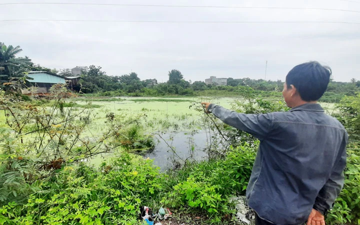 Hồ chứa nước thải tại trại nuôi lợn của ông Bùi Quang Phiên (thị trấn Thanh Bình, huyện Bù Đốp, Bình Phước) gây ô nhiễm môi trường.