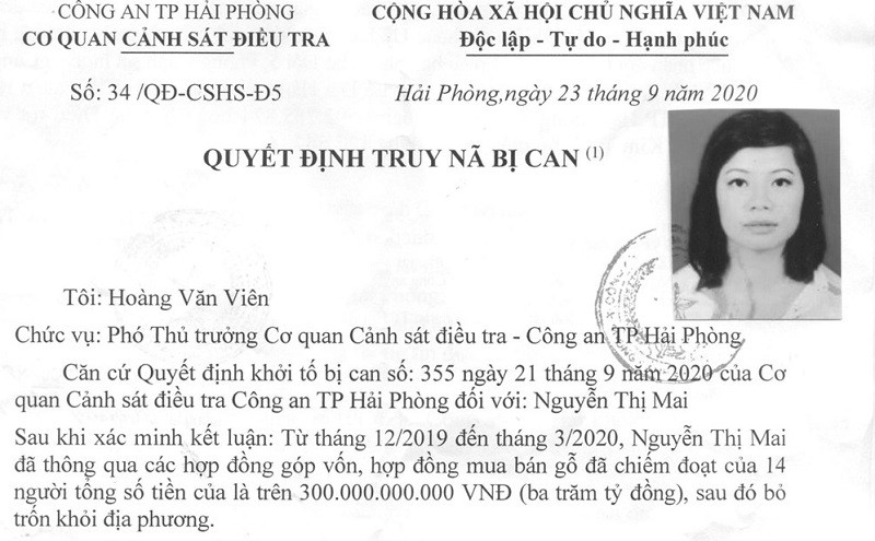 Quyết định truy nã Nguyễn Thị Mai.