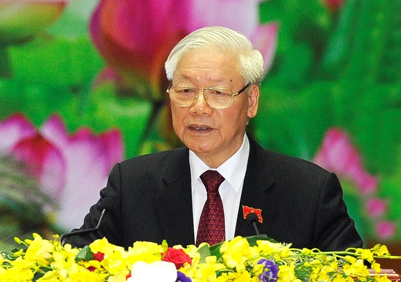 Đồng chí Nguyễn Phú Trọng, Tổng Bí thư, Chủ tịch nước, Bí thư Quân ủy Trung ương phát biểu tại Đại hội đại biểu Đảng bộ Quân đội lần thứ 11 (Ảnh: Đăng Khoa).