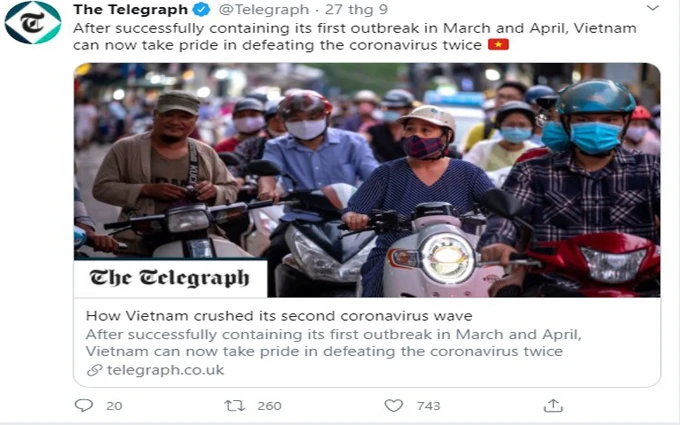 Telegraph chia sẻ bài báo ca ngợi công tác phòng chống dịch Covid-19 của Việt Nam trên tài khoản Twitter chính thức của tờ báo này. 