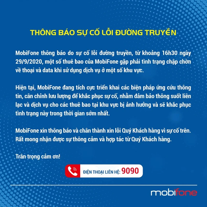 Thông báo sự cố lỗi đường truyền của MobiFone.