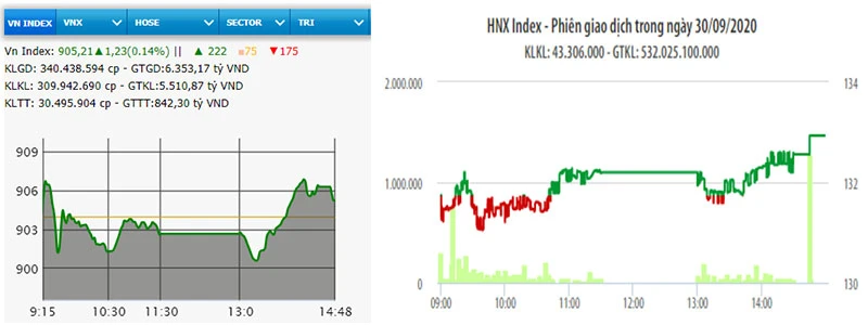 Diễn biến VN-Index và HNX-Index phiên giao dịch ngày 30-9.