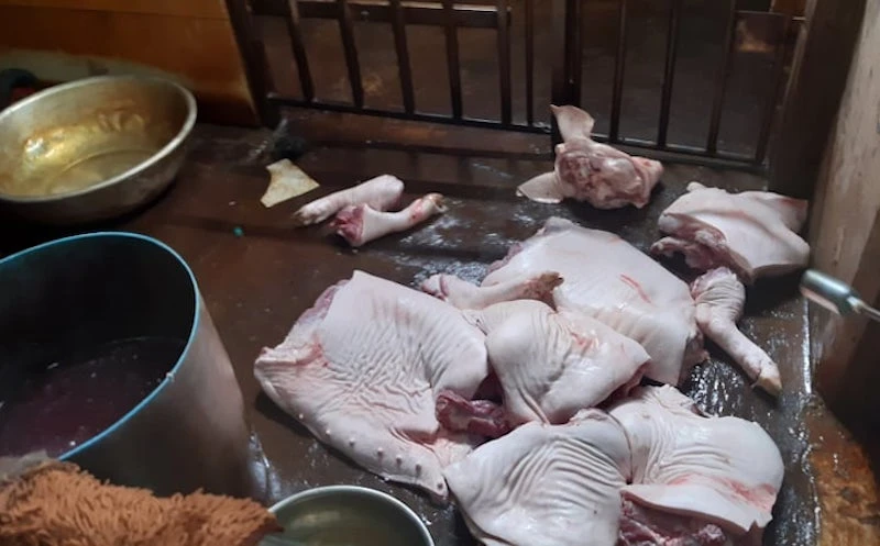 Thịt lợn tại cơ sở ông Vũ để trên nền xi-măng dơ bẩn.