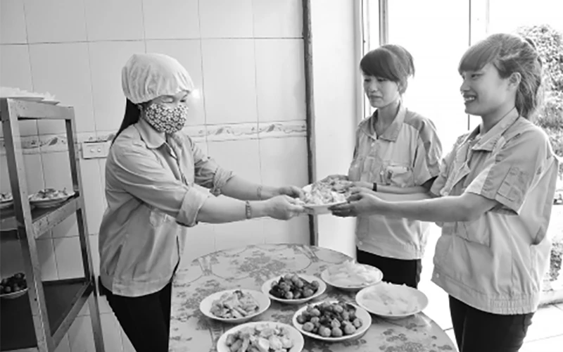Các chuyên gia dinh dưỡng khuyến cáo giảm muối trong bữa ăn để phòng bệnh tật. Trong ảnh: Bếp ăn tập thể của Công ty cổ phần Công nghệ Bắc Việt ở huyện Quế Võ (Bắc Ninh).