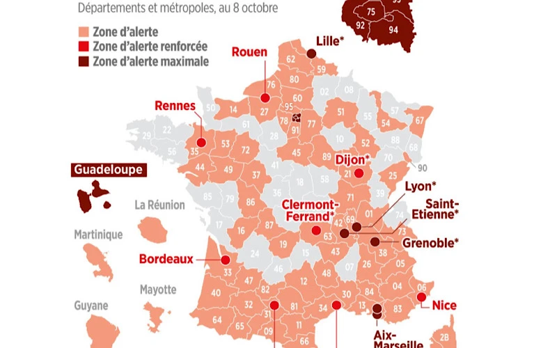 Sơ đồ dịch lây lan tại các vùng ở Pháp. Có 8 vùng và khu đô thị đã ở mức "báo động tối đa - màu đỏ sẫm" và nhiều thành phố khác đang ở ngưỡng "báo động tăng cường - màu đỏ." Nguồn: Le Parisien.