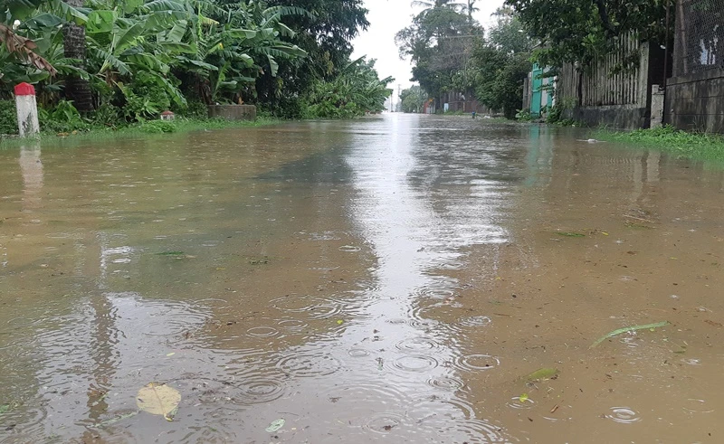 Tuyến đường từ Quốc lộ 1 đi xã Bình Chương, huyện Bình Sơn (Quảng Ngãi) bị nước lũ chia cắt.