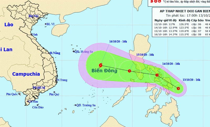 Vị trí và hướng di chuyển của áp thấp nhiệt đới. (Nguồn: kttv.gov.vn)