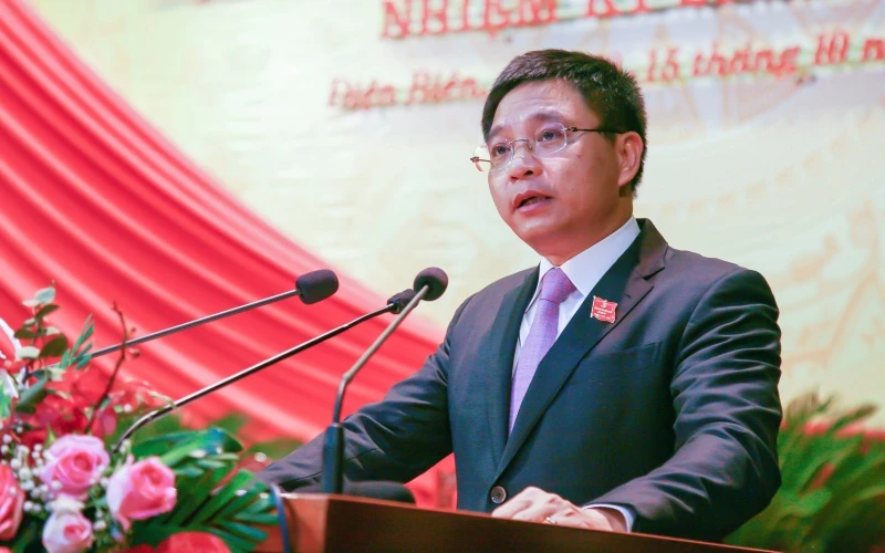 Đồng chí Nguyễn Văn Thắng, Bí thư Tỉnh ủy Điện Biên nhiệm kỳ 2020 - 2025 phát biểu tại Đại hội.