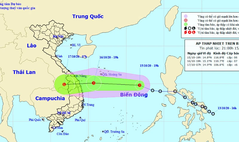 Vị trí và hướng di chuyển của áp thấp nhiệt đới. (Nguồn: kttv.gov.vn)