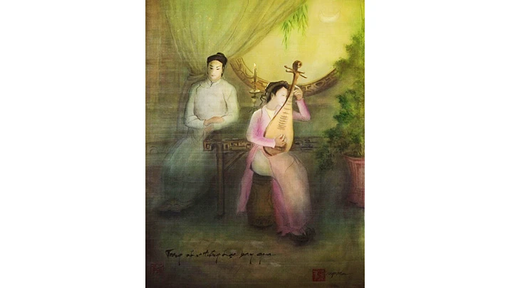 Bức tranh lụa “Cung đàn bạc mệnh” của họa sĩ Ngọc Mai.