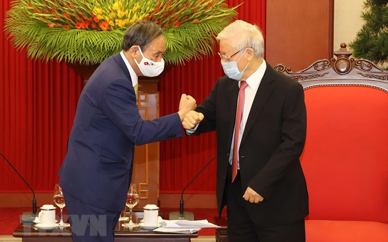 Tổng Bí thư, Chủ tịch nước Nguyễn Phú Trọng tiếp Thủ tướng Nhật Bản Suga Yoshihide. Ảnh: TTXVN