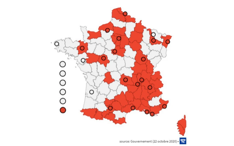 Sơ đồ các tỉnh trong danh sách lệnh giới nghiêm vào buổi tối ở Pháp. Pháp có 101 tỉnh, trong đó có năm tỉnh lãnh thổ hải ngoại.