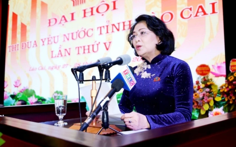 Phó Chủ tịch nước Đặng Thị Ngọc Thịnh phát biểu chỉ đạo Đại hội Thi đua yêu nước tỉnh Lào Cai lần thứ V.