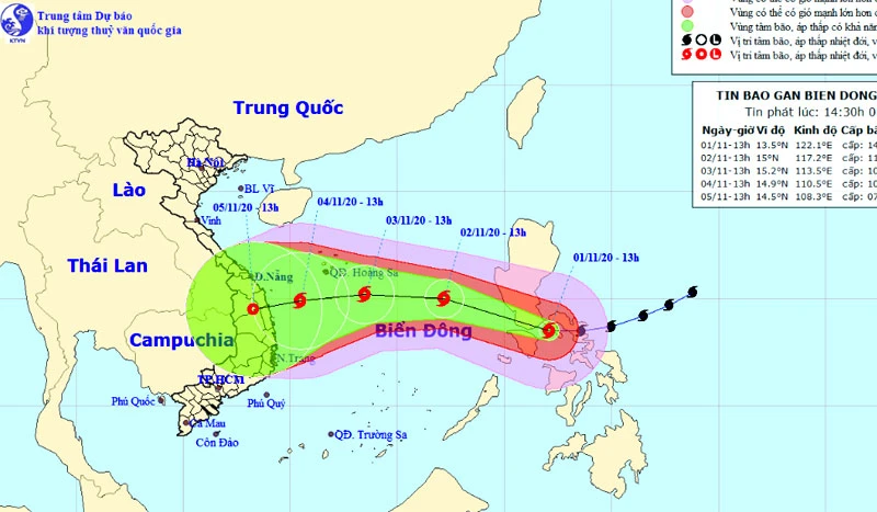 Vị trí và hướng di chuyển của bão Goni. (Nguồn: nchmf.gov.vn)